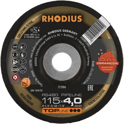 Crna rezna ploča s narančastim natpisom 'RHODIUS'; pogodna za nehrđajući čelik, dimenzija 115 x 4,0 mm, maksimalne brzine do 80 m/s.