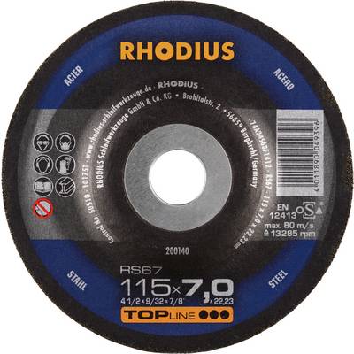 Rezna ploča marke RHODIUS, model RS67, 115x7,0 mm, pogodna za čelik i nehrđajući čelik. Maksimalan broj okretaja: 13.285 u minuti.