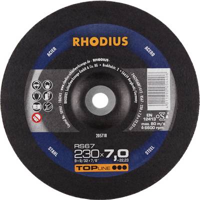 Rhodius brusna ploča za čelik, model RS67, 230 mm x 7,0 mm, maksimalno 80 m/s i 6600 o/min, s sigurnosnim simbolima.