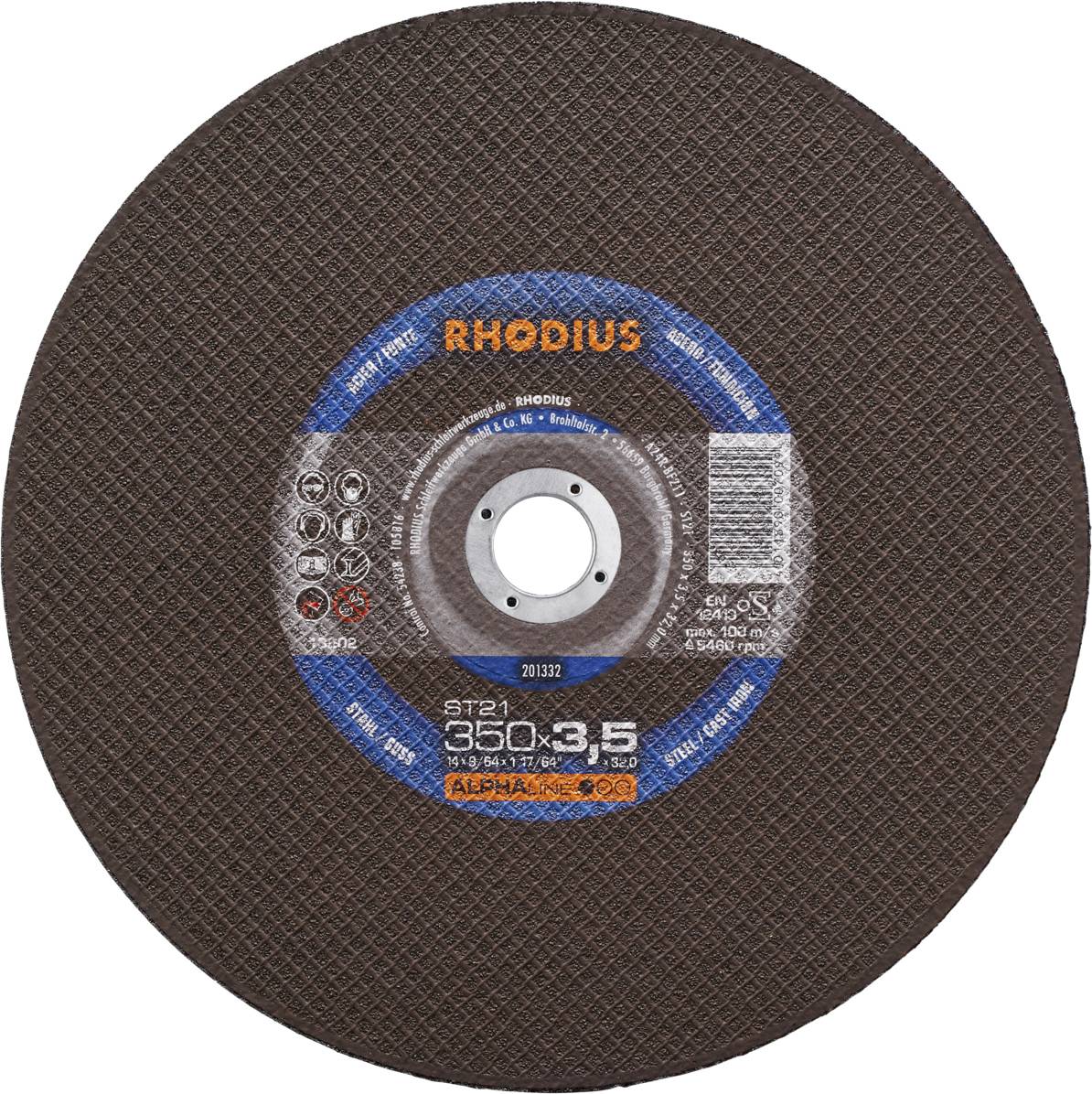 Smeđi rezni disk s plavom i srebrnom naljepnicom. Natpis: 'RHODIUS ST21 350x3,5 mm'. Pogodan za rezanje čelika.