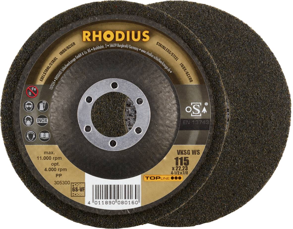 Rhodius 305300 Rhodius VKSG WS, 2 stuks Vliescompact schijfje 115 x 22,23 mm, recht, 6S-very fine, Topline, Made in Germany, voor roestvrij staal, staal,