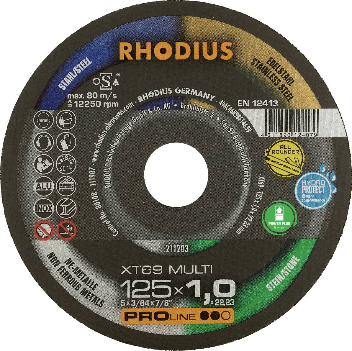 Rezna ploča 'RHODIUS' za čelik i nehrđajući čelik, 125 x 1,0 mm, maksimalno 80 m/s, s Hydrotec zaštitom, pogodna za ručno upravljane strojeve.