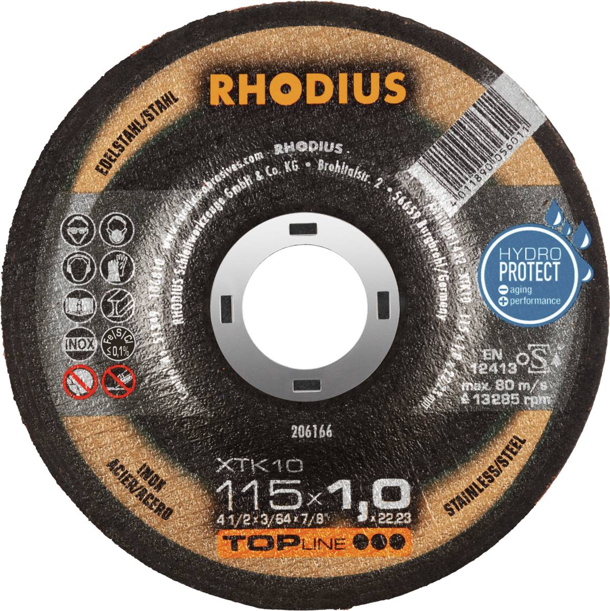 'RHODIUS' rezna ploča, 115x1,0 mm, tip XTK10, HydroProtect zaštita, pogodan za nehrđajući čelik, maksimalna brzina 80 m/s.