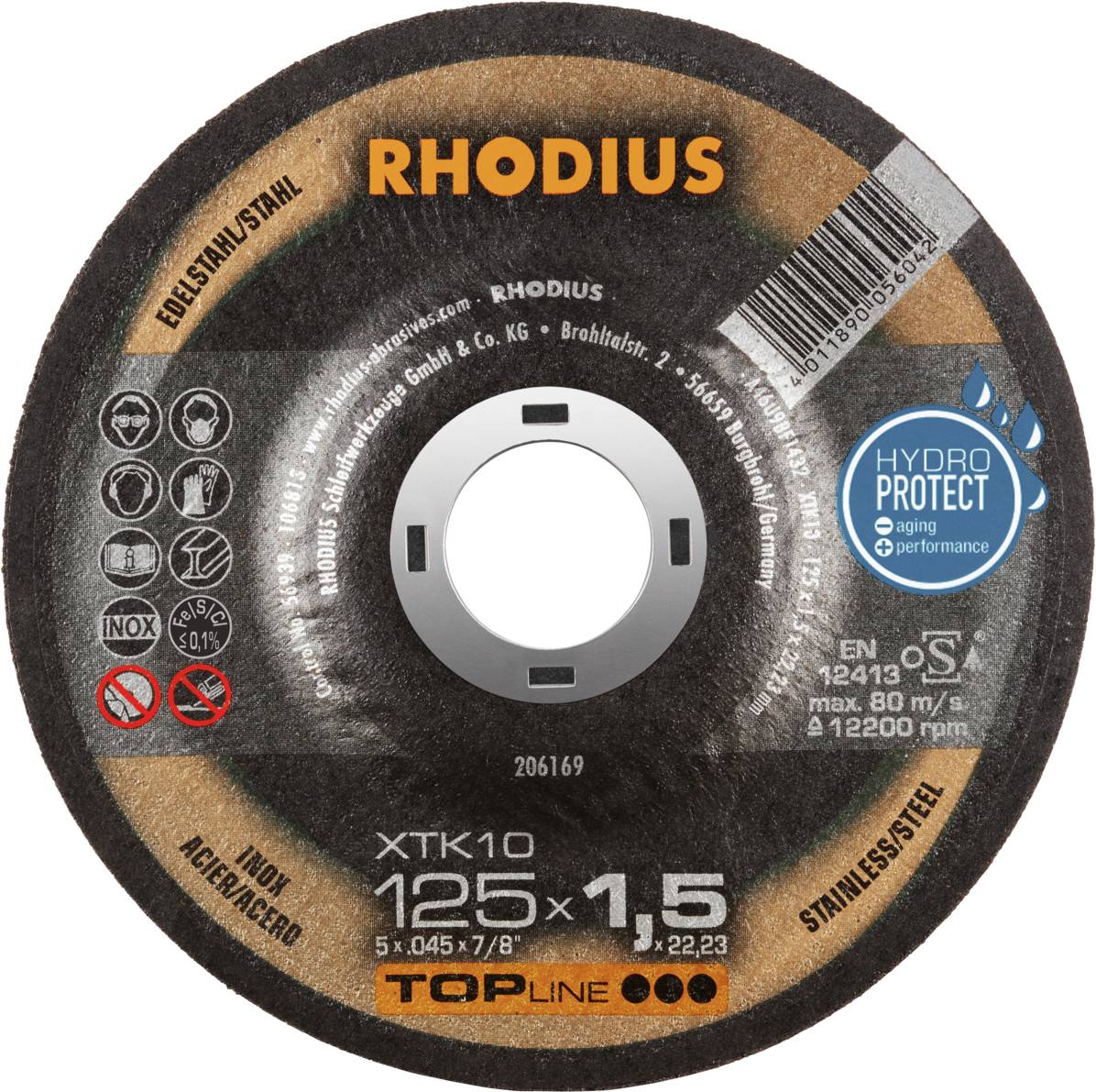 Brusna ploča s natpisom 'RHODIUS', promjera 125 mm, debljine 1,5 mm, za nehrđajući čelik, HydroProtect tehnologija.