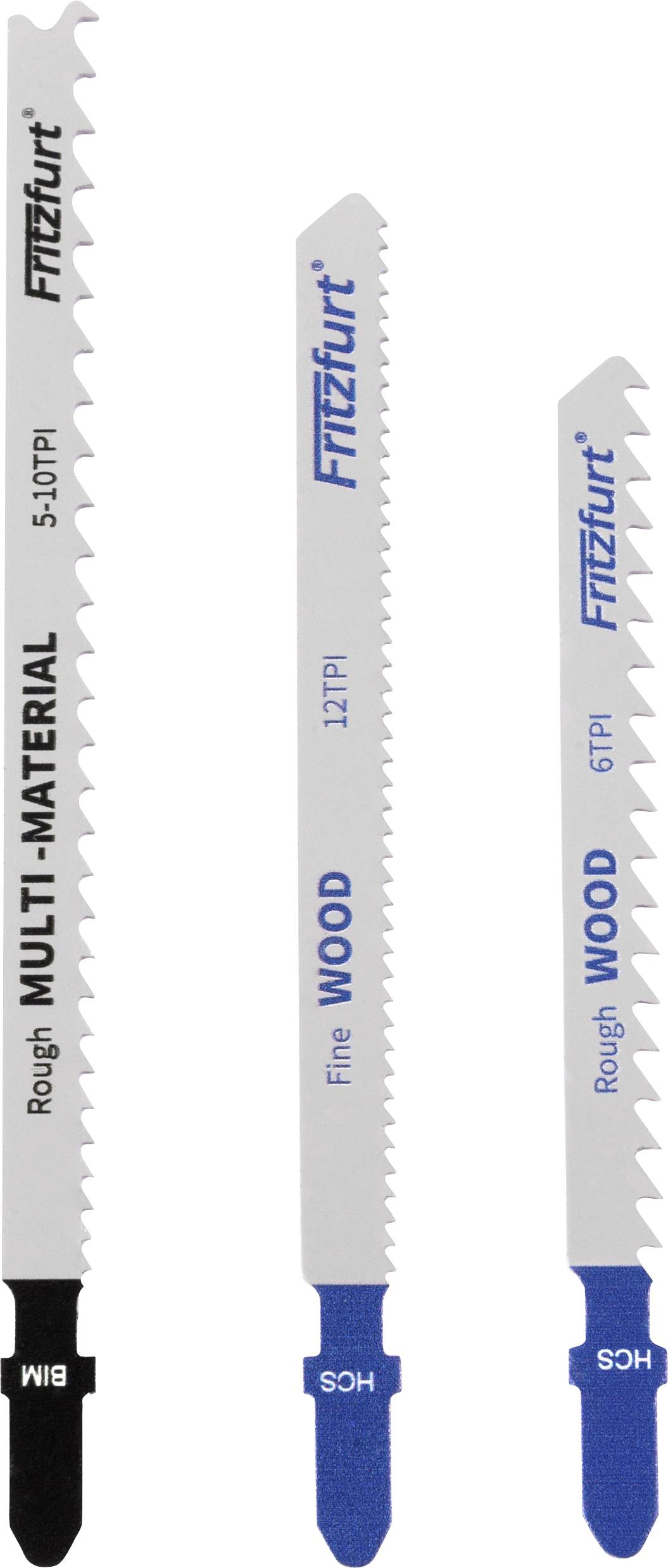 Tri pile za testere: jedna označena kao 'VIŠEMATERIJALSKA, 5-10 TPI', druga 'Drvo, 12 TPI', a treća 'Grubo drvo, 6 TPI'. Svaka je različite veličine.