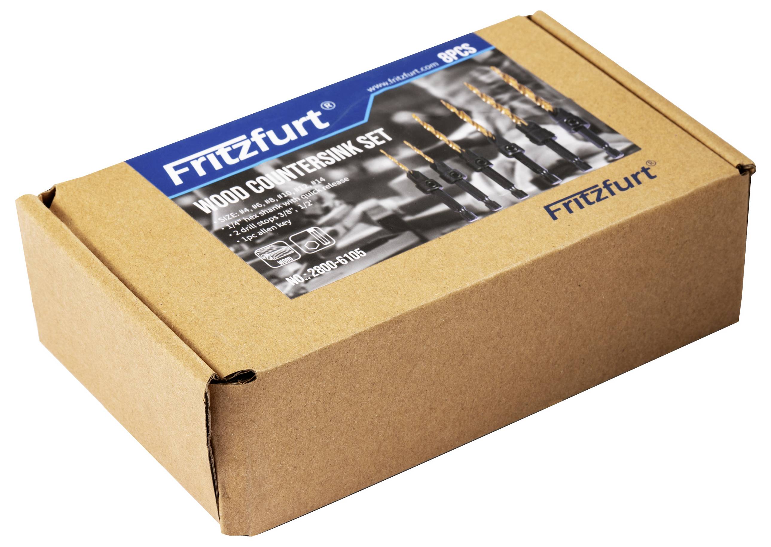 Kartonska kutija označena natpisom 'FRIEzfurt Wood Countersunk Set' sadrži više svrdala.