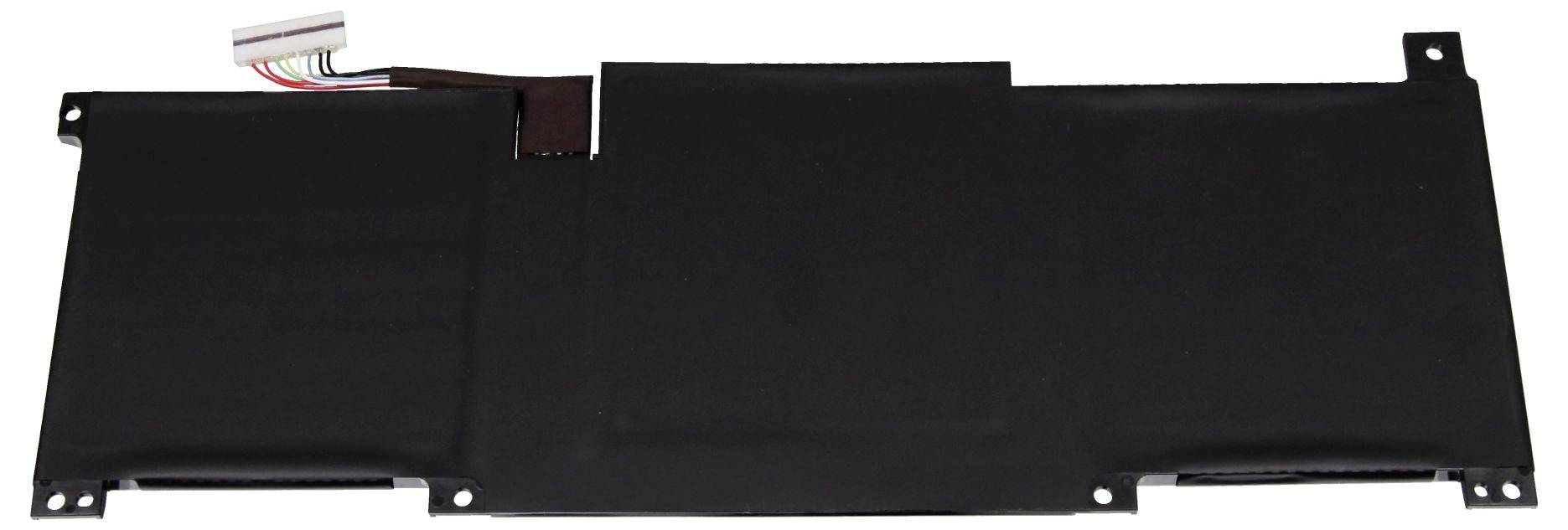 Plosnati, pravokutni laptop baterijski spremnik s crnim poklopcem i obojenim priključnim kabelima na jednoj strani.