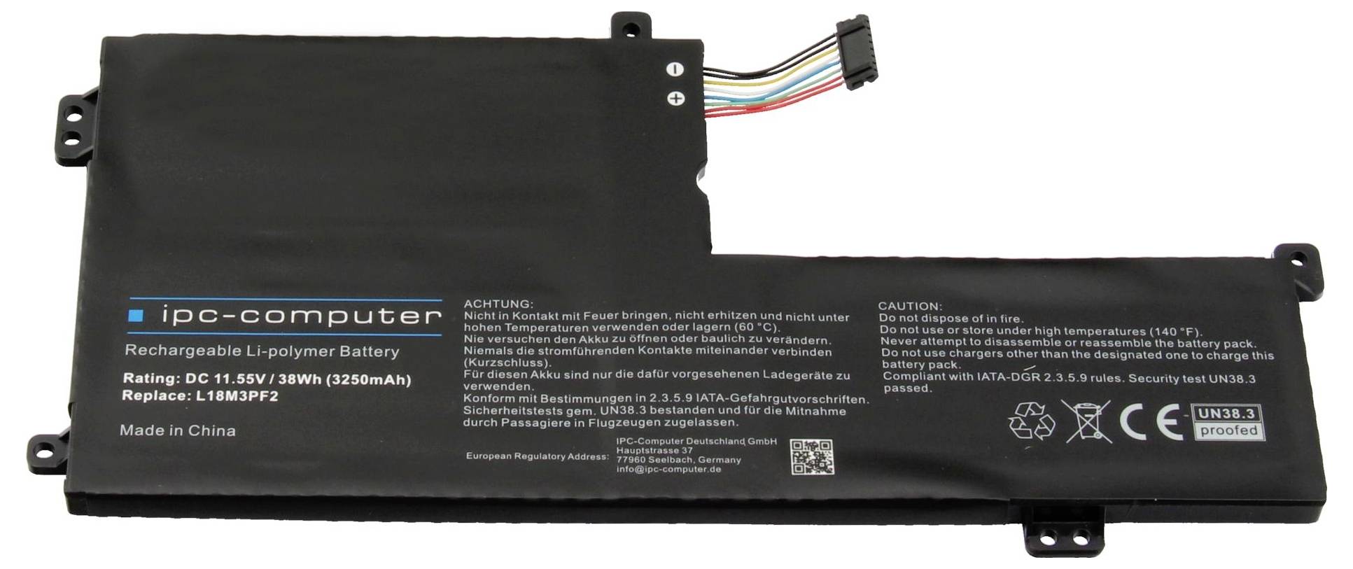 Crni punjivi Li-Po akumulator od ipc-computera, napon 11,55V, snaga 38Wh, kapacitet 3250mAh. Sigurnosne napomene na engleskom jeziku.