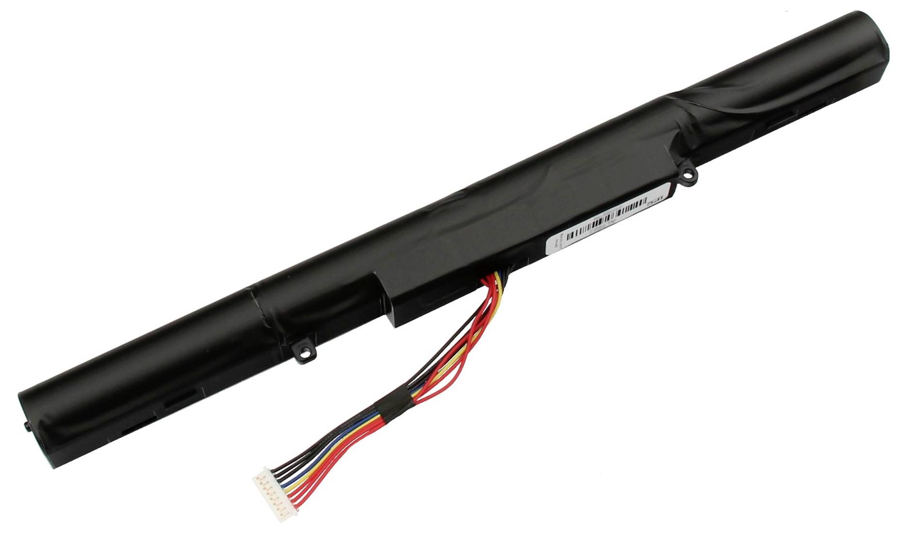 Crni prijenosni računalni akumulator s nekoliko šarenih kabela koji vire s jednog kraja.
