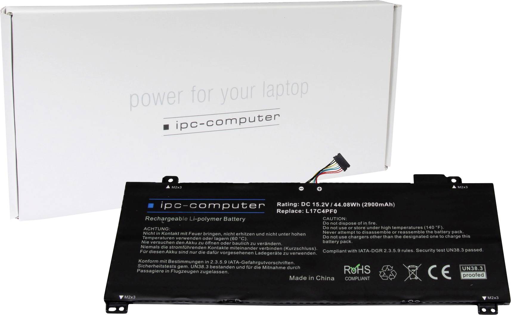 Laptop baterija od ipc-computera leži ispred svoje ambalaže. Baterija ima kapacitet od 44,88 Wh i 2800 mAh.