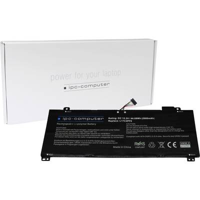 Laptop baterija od ipc-computera leži ispred svoje ambalaže. Baterija ima kapacitet od 44,88 Wh i 2800 mAh.