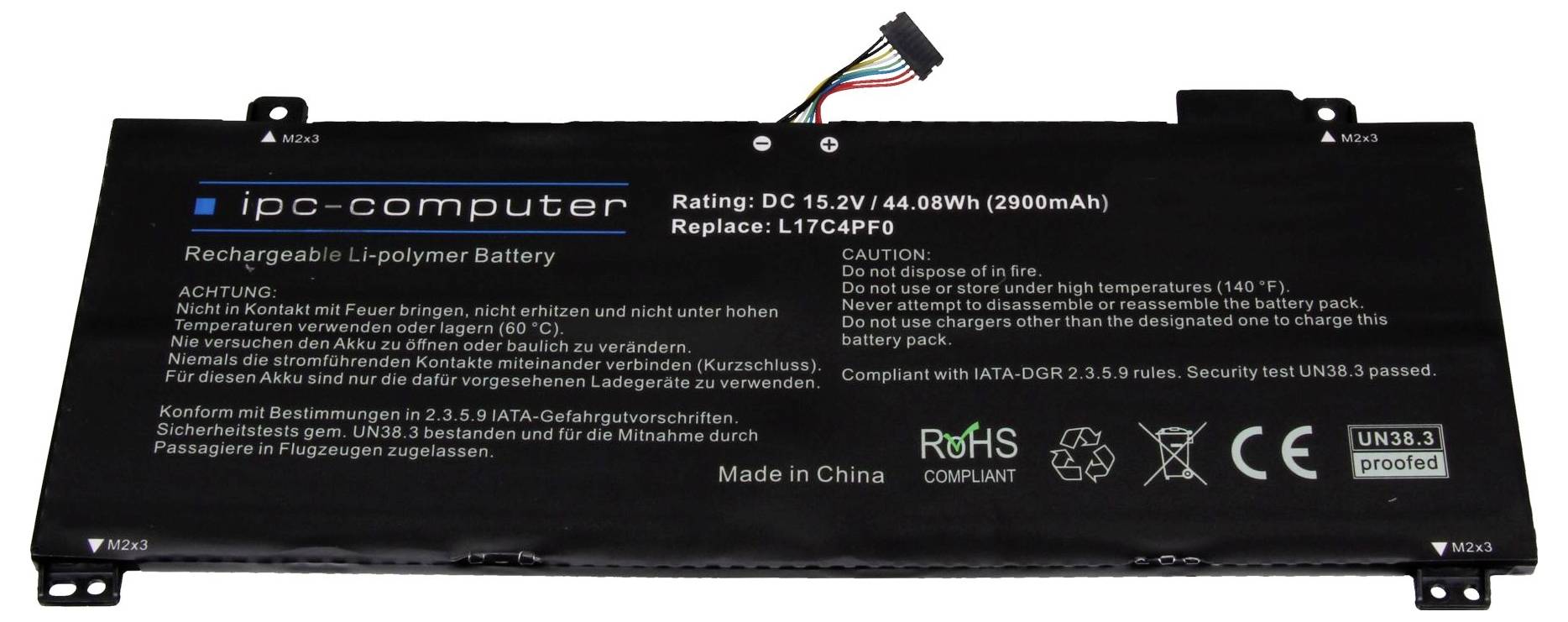 Punjivi Li-Polymer akumulator, DC 15,2V, 44,08Wh, 2900mAh. Model: L17C4PF0. Upozorenja o opasnosti od vatre, topline i vode.