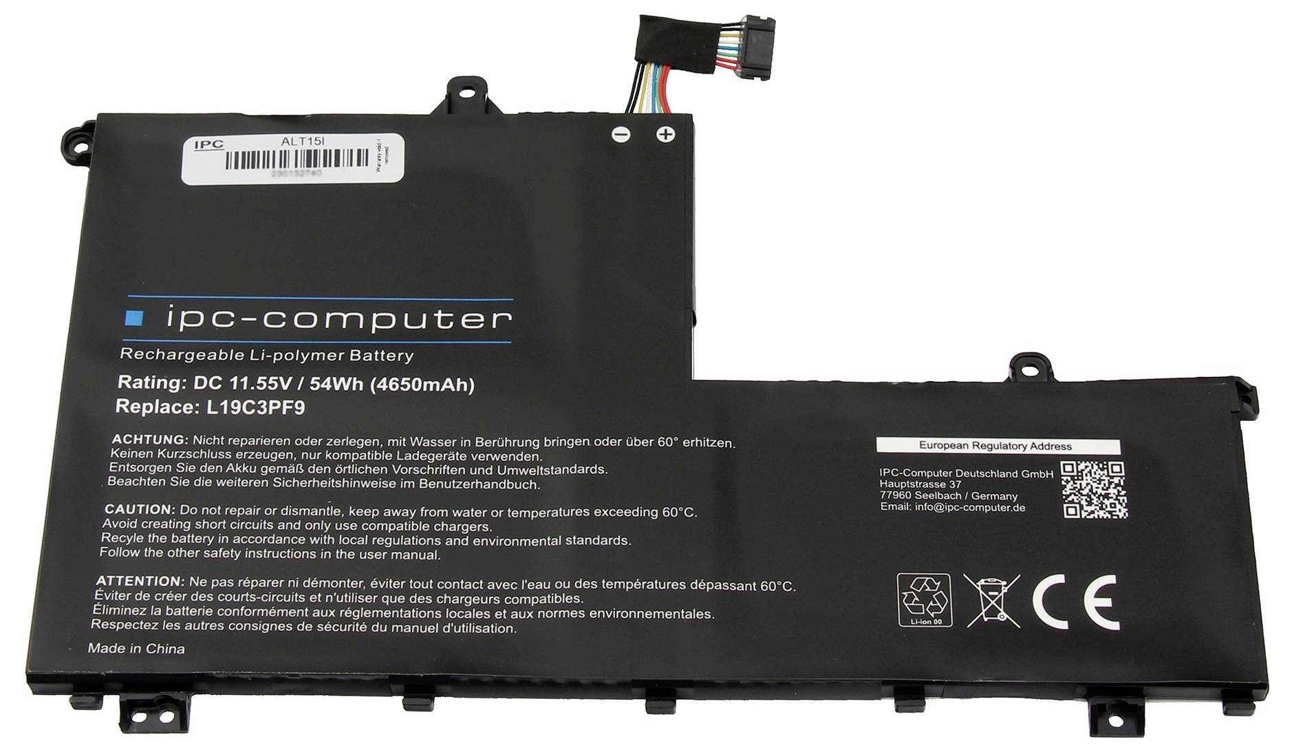 Na slici se nalazi laptop baterija od 54Wh i 4650mAh. Napon iznosi 11,55V. Prikazane su napomene proizvođača i simboli.