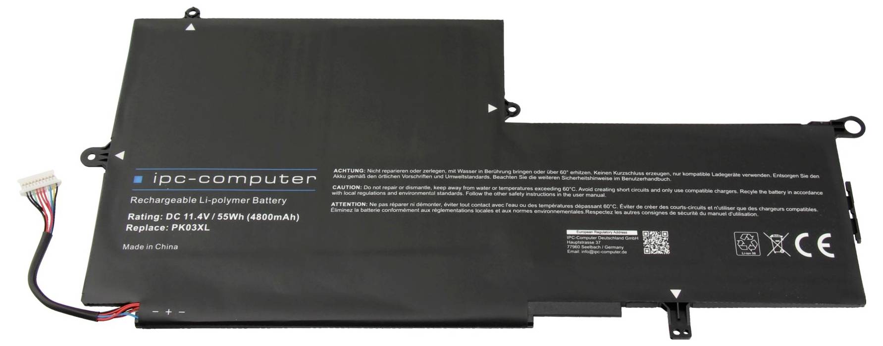 Punjiva Li-Polymer baterija od ipc-computera, 48Wh, DC 11.4V, 4800mAh, zamjenjuje PKXDX1, crna, priključci lijevo.