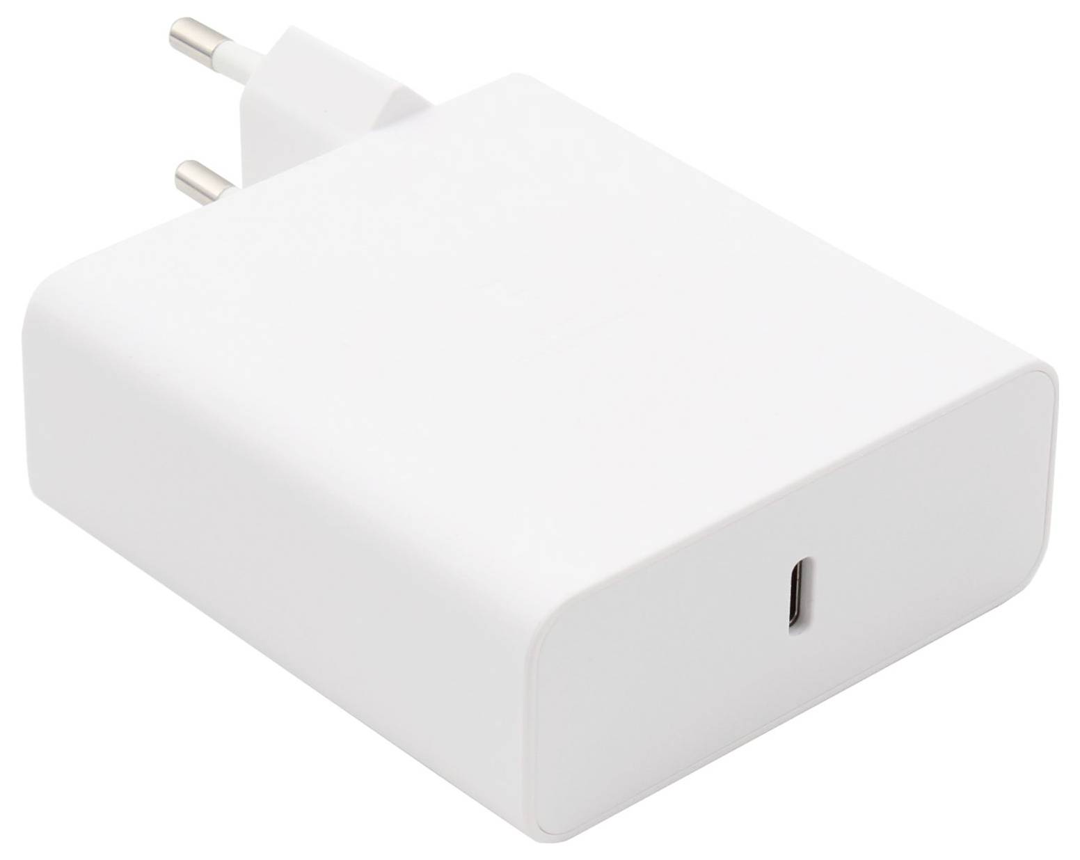 Bijeli USB-C punjač s europskim utičem, pogodan za pametne telefone i tablete.