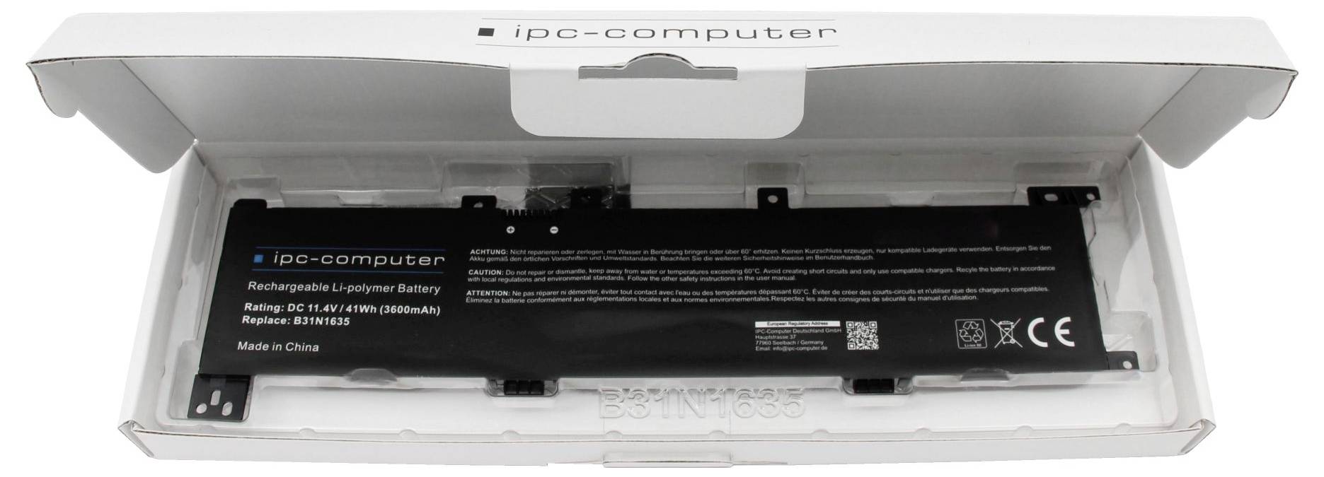 Zamjenski akumulator tvrtke 'ipc-computer' u otvorenoj bijeloj ambalaži. Akumulator ima napon od 11,47V i kapacitet od 4180mAh.