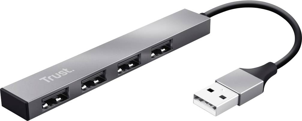 USB hub s četiri USB porta, povezan kabelom. Pogodan za proširenje mogućnosti priključaka računala.