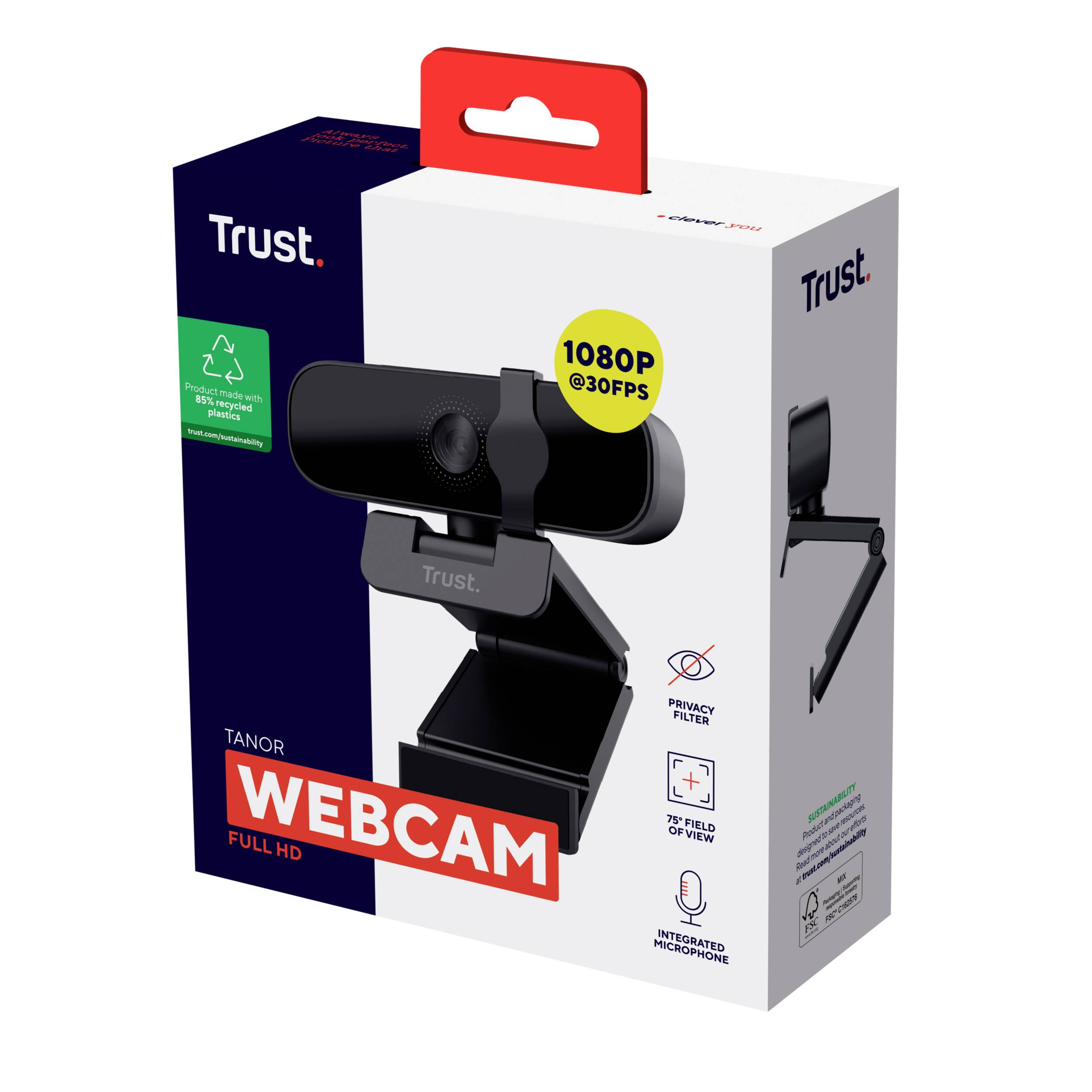 Ambalaža web kamere marke Trust, model Tanor, s Full-HD rezolucijom, 1080p pri 30 fps, ugrađenim mikrofonom i poklopcem za zaštitu privatnosti.