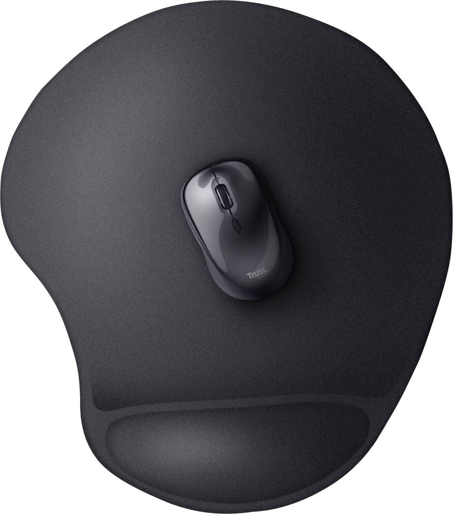 Crna računalna miš na ergonomskoj, crnoj podlozi za miš s osloncem za zglob.