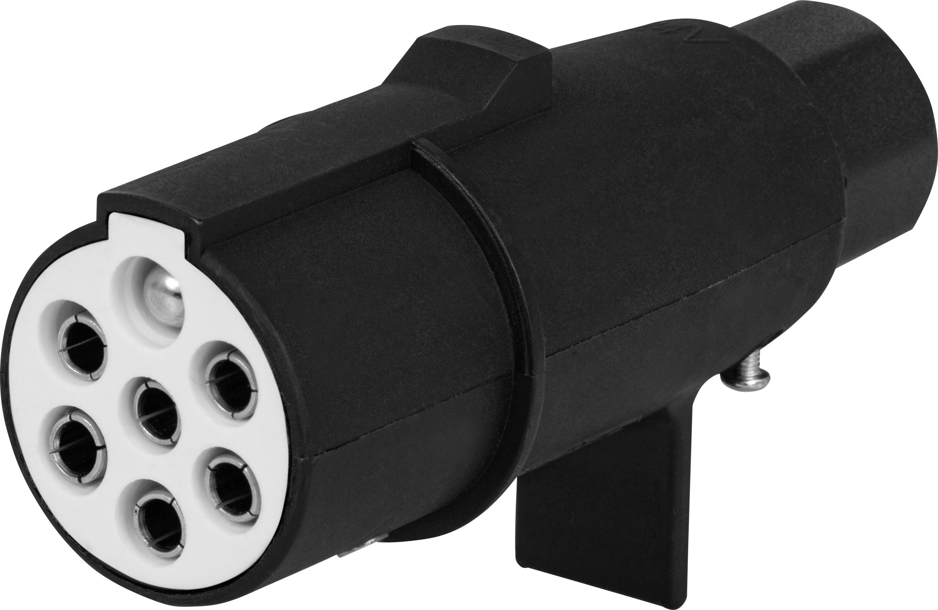 Crni Type-2 utikač za električna vozila sa sedam metalnih kontakata, namijenjen spajanju s punjačem.