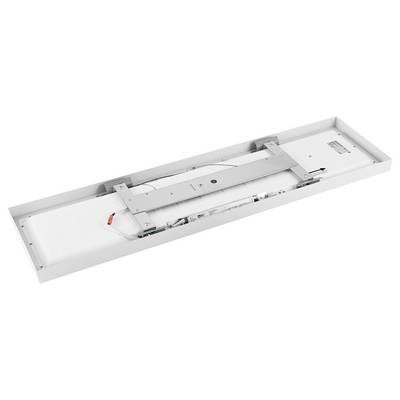 Pravokutni LED panel u bijelom kućištu, snimljen odozdo. Vidljiva je montirana elektronika i priključci.