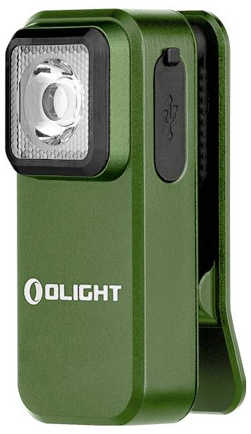 Mala, zelena džepna baterija s kopčom i USB priključkom za punjenje, označena logotipom 'OLIGHT'. Idealna za putovanja ili hitne situacije.