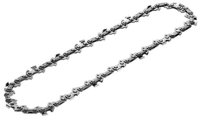 Lanac motorne pile položen u eliptičnom obliku na bijeloj podlozi, jasno prikazujući karike i zubnu strukturu lanca.