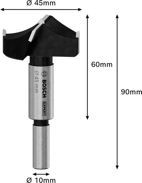 Na slici je Forstnerov svrdlo promjera 45 mm i promjera vratila 10 mm. Svrdlo je dugačko 90 mm, od čega glava mjeri 60 mm. Oznaka marke otisnut je na svrdlu.