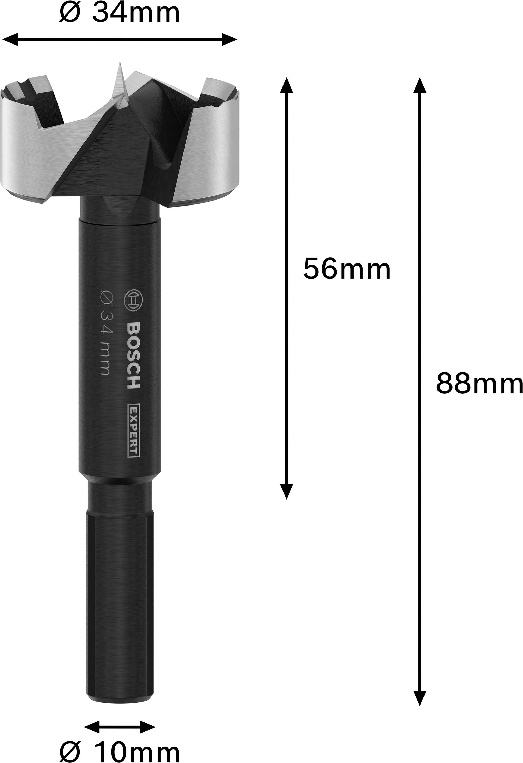 Svrdlo s dimenzijama: ukupna duljina 88 mm, promjer prihvata 10 mm, promjer glave svrdla 34 mm, duljina rezanja 56 mm. Marka naznačena.