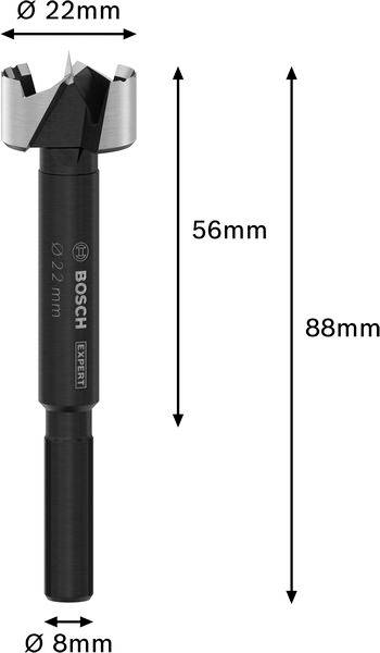 Forstner svrdlo Bosch promjera 22 mm i ukupne duljine 88 mm. Promjer svornjaka 8 mm. Pogodno za precizno bušenje drva.