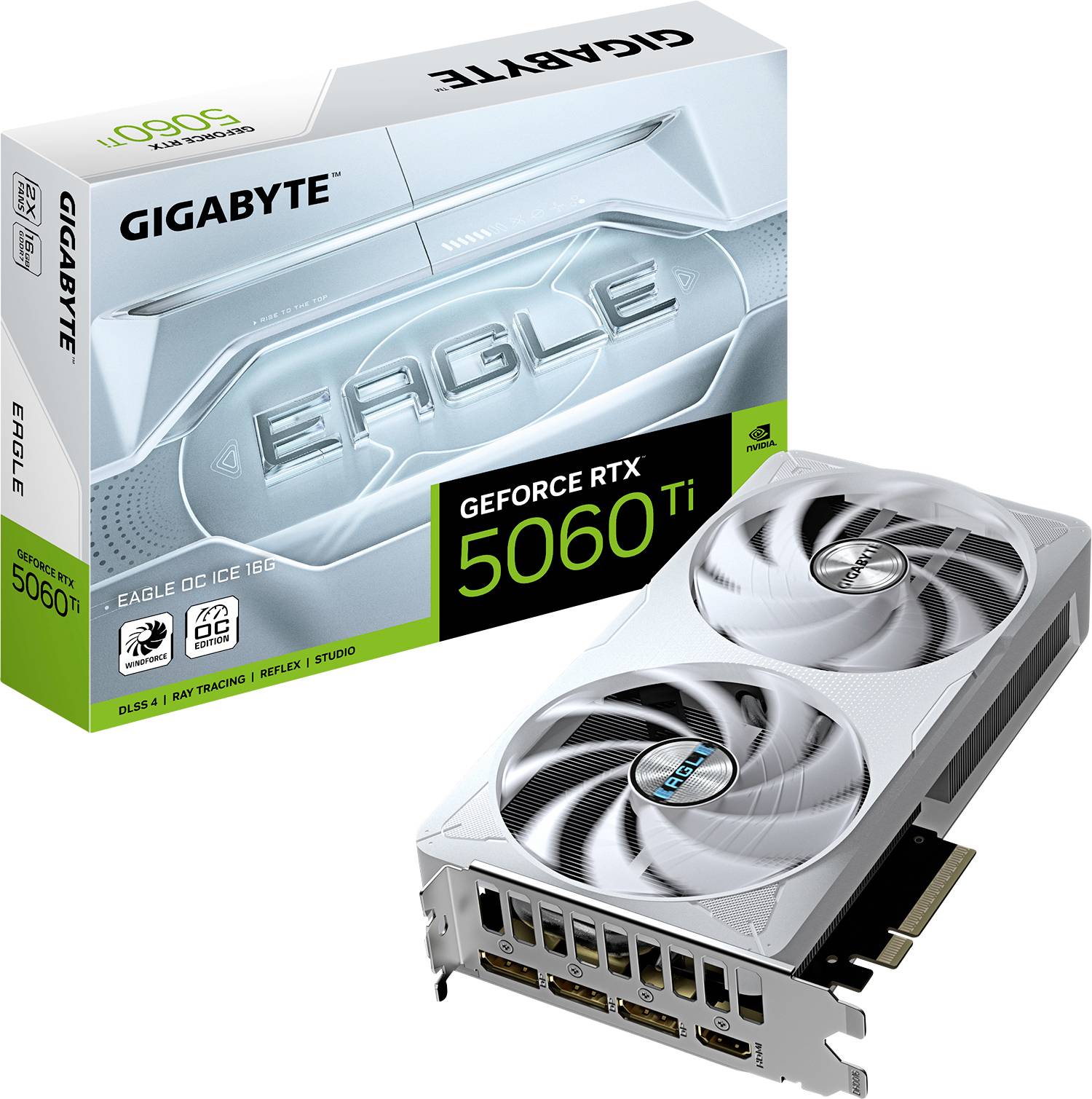 Grafička kartica Gigabyte GeForce RTX 5060 Ti s pakiranjem. Kartica prikazuje dva ventilatora i nekoliko HDMI/DisplayPort priključaka.