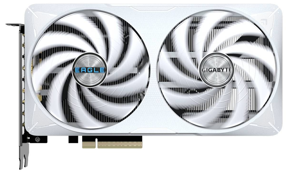 Bijela grafička kartica računala marke 'Gigabyte' s dva velika ventilatora, namijenjena hlađenju i obradi grafike.