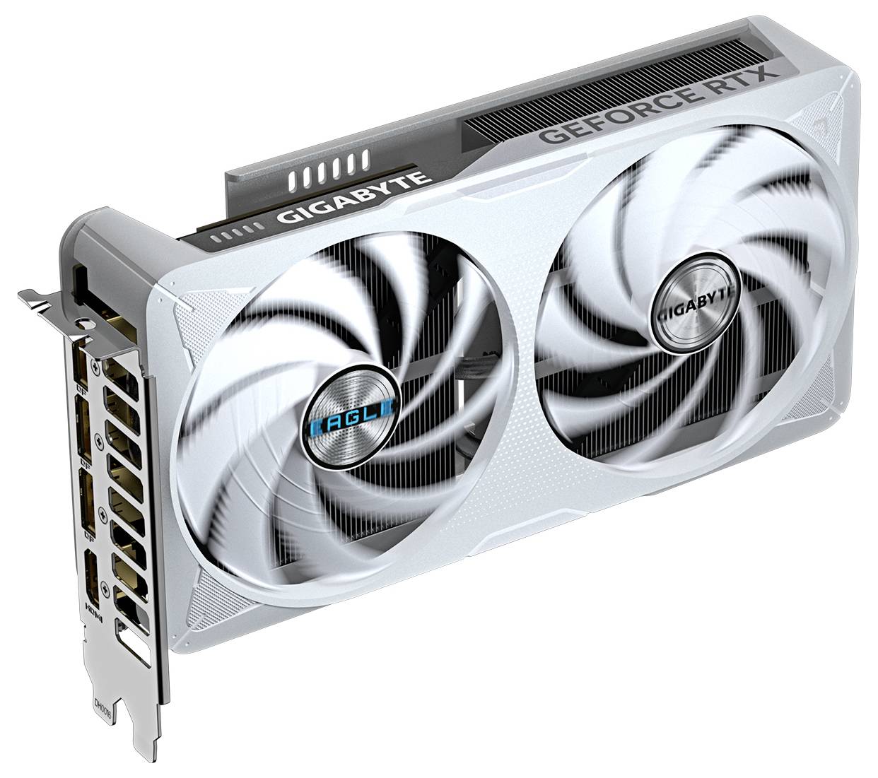 Grafička kartica u bijelom dizajnu s dva ventilatora, natpis 'Gigabyte GeForce RTX'.