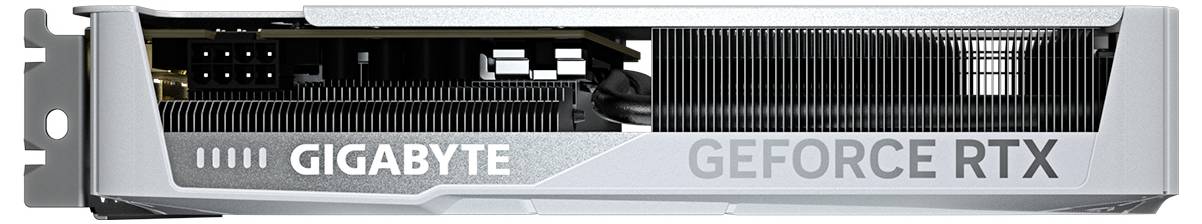 Grafička kartica marke Gigabyte s oznakom 'GeForce RTX', pogled sa strane koji prikazuje ventilatore i hladnjake za odvođenje topline.