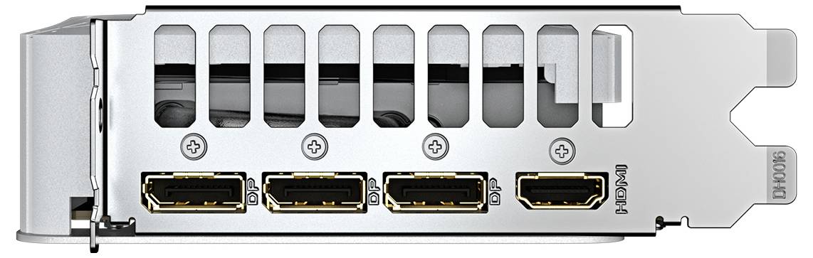 Slika prikazuje stražnju stranu grafičke kartice s tri DisplayPort priključka i jednim HDMI priključkom.