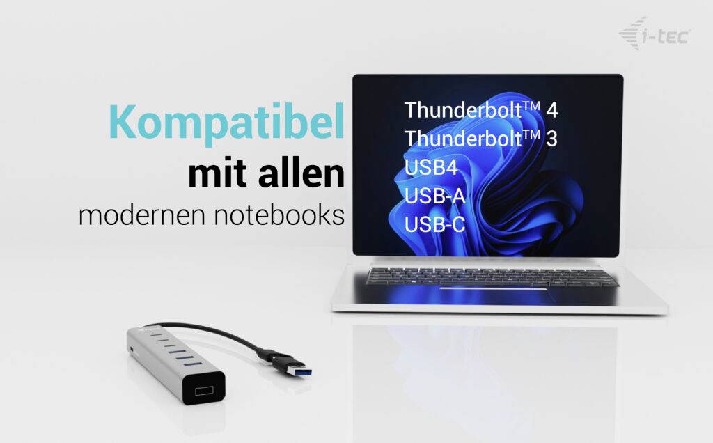 Reklama za USB hub pored prijenosnog računala. Tekst: 'Kompatibilan sa svim modernim prijenosnicima'. Podržava Thunderbolt i USB tipove.
