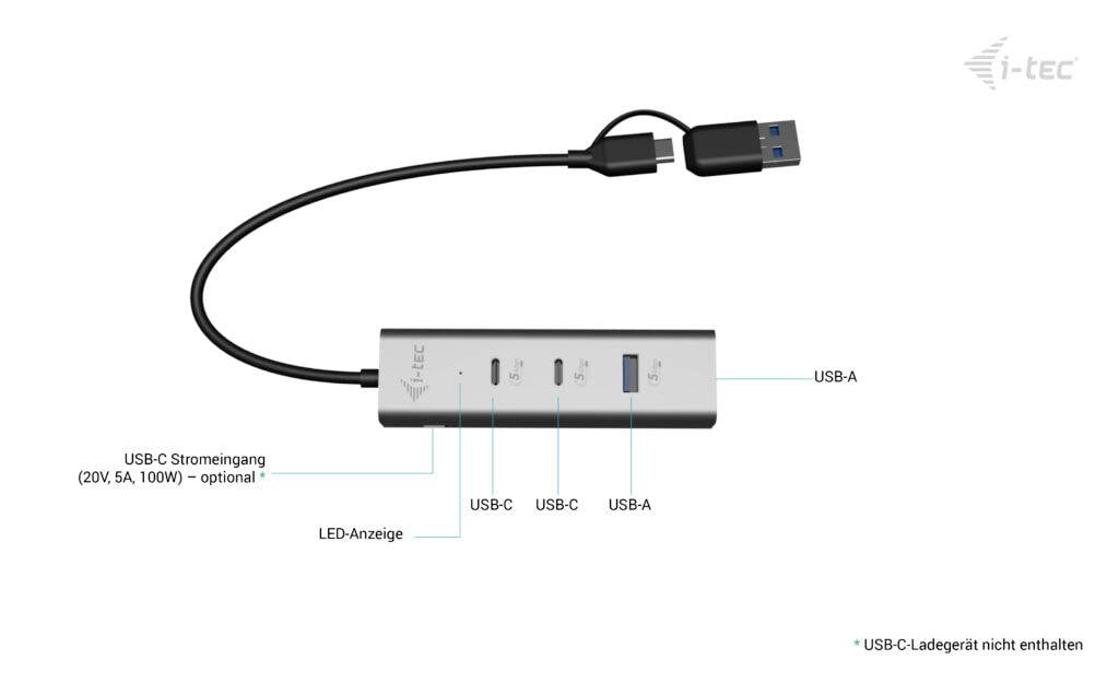 USB hub s jednim kabelom. Hub ima tri priključka: jedan USB-C i dva USB-A. Prikazuje LED indikator. Gore desno se nalazi logo.