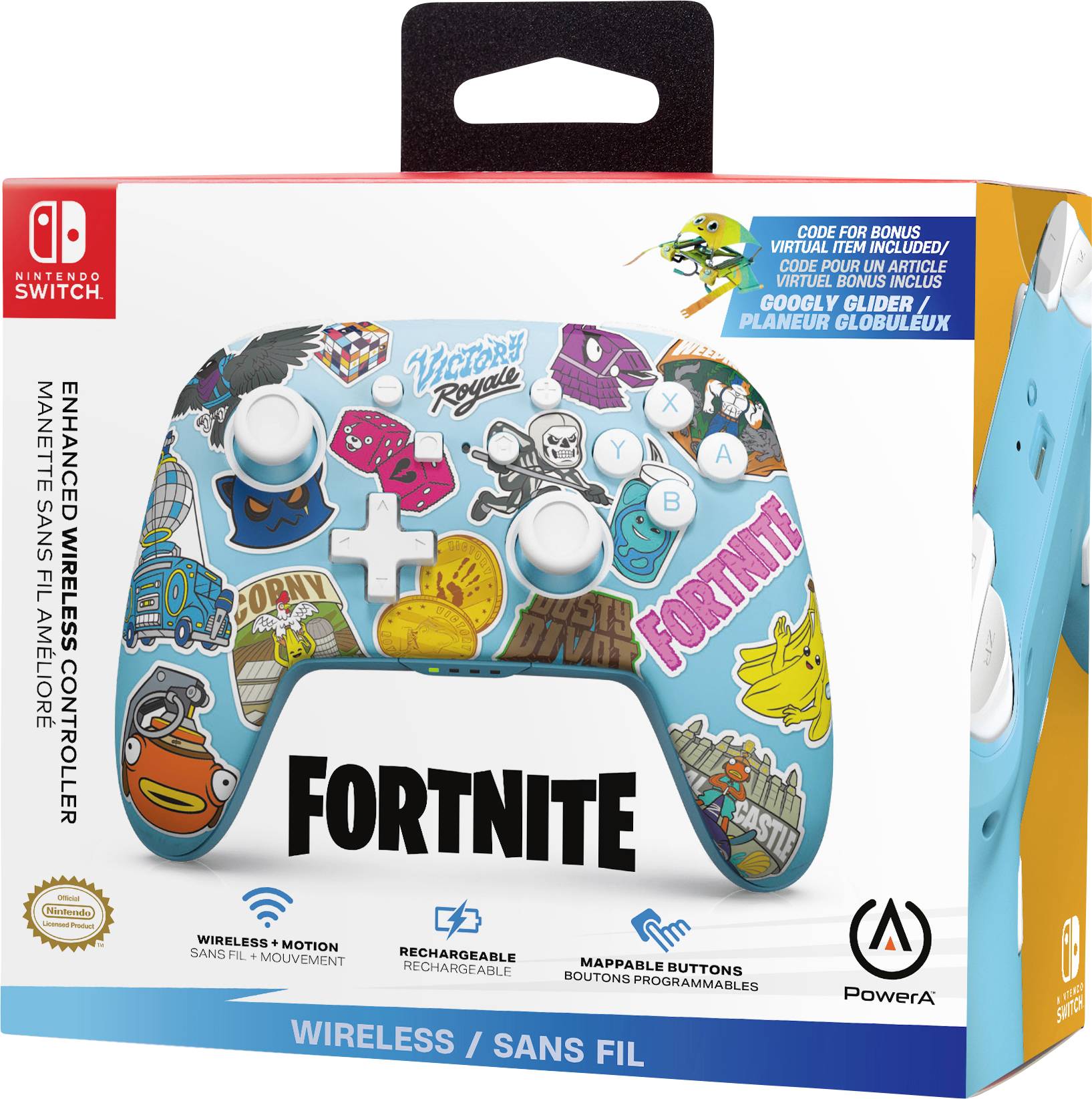 Bežični Nintendo Switch kontroler u Fortnite dizajnu s šarenim naljepnicama. Pakiranju prikazuje kompatibilnost i karakteristike.