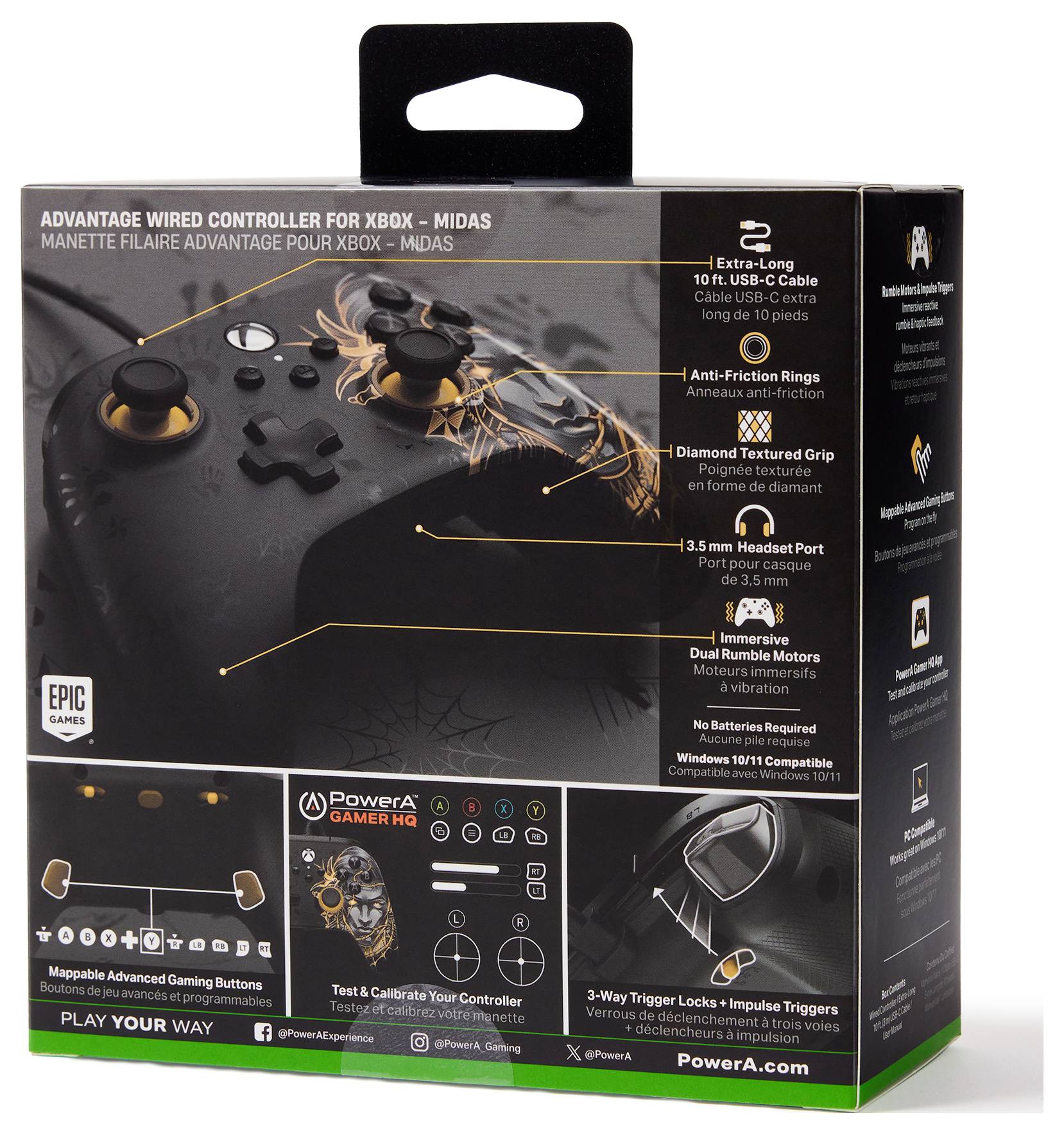 Povratna strana pakiranja kontrolera 'Advantage Wired Controller za Xbox' prikazuje kontroler s dugačkim kabelima, prilagodljivim tipkama i priključkom za slušalice.
