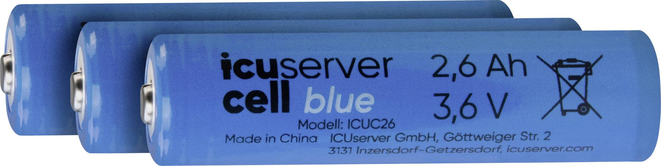 Tri plavo obojene baterije s natpisom 'icuserver cell blue', kapaciteta 2,6 Ah i napona 3,6 V, položene jedna do druge.