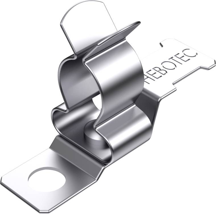 Metalna spajalica sa logotipom Hebotec-a, pogodna za jednostavno pričvršćivanje kabela ili cijevi, sjajne površine, pravokutne osnove.