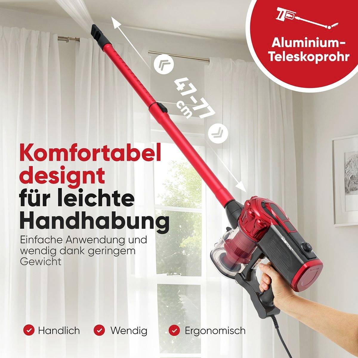 Usisavač s teleskopskom aluminijskom cijevi, dužine 47 cm, udobno dizajniran za jednostavnu i okretnu primjenu. Karakteristike: praktičan, fleksibilan, ergonomski.