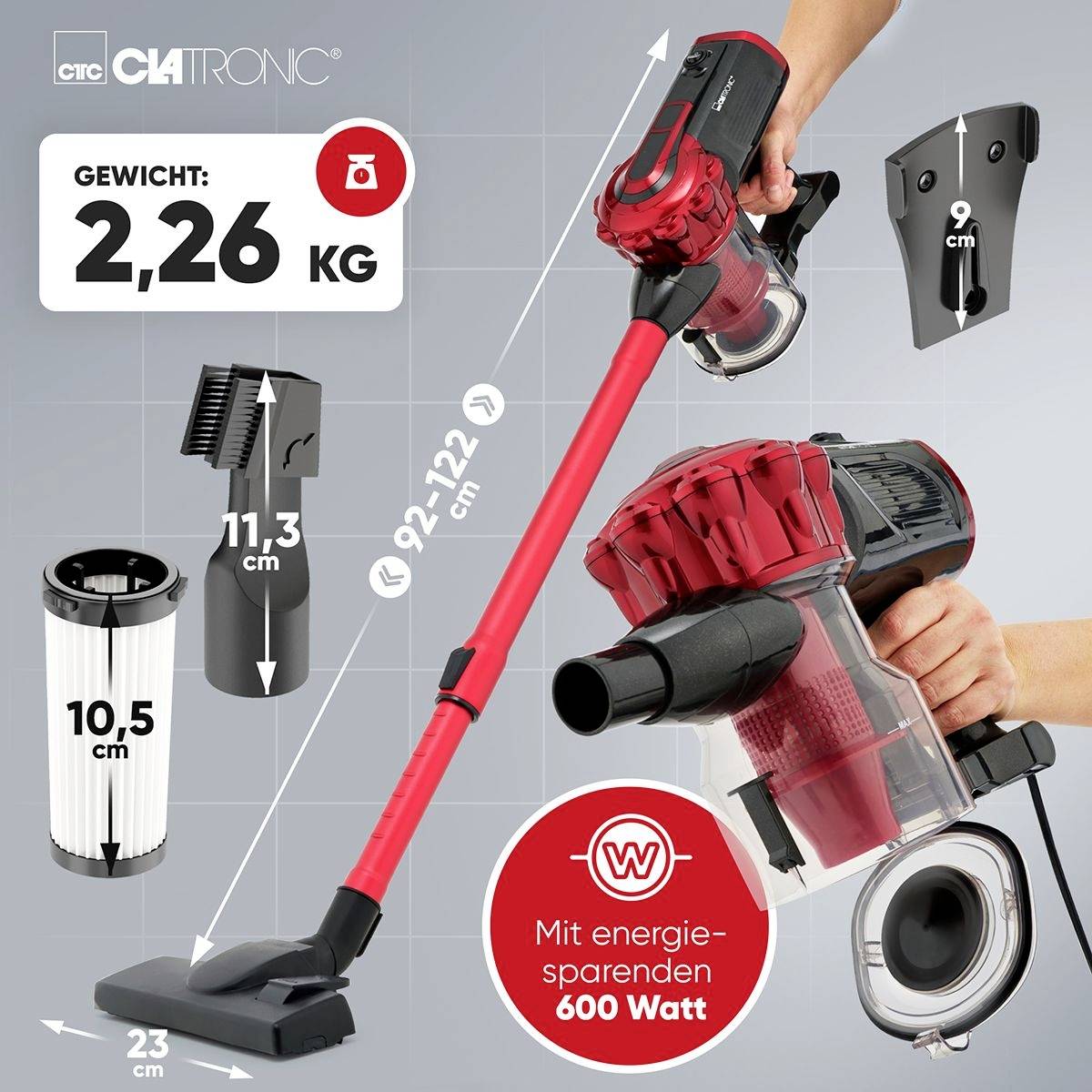 Crveni usisavač s podesivom ručkom (92-122 cm), težak 2,26 kg, energetski učinkovit sa 600 W. Visina filtra: 10,5 cm.