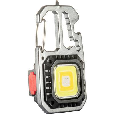 Metalni karabiner s integriranom LED svjetiljkom i višenamjenskim alatima, uključujući otvarač za boce i ključ za vijke.