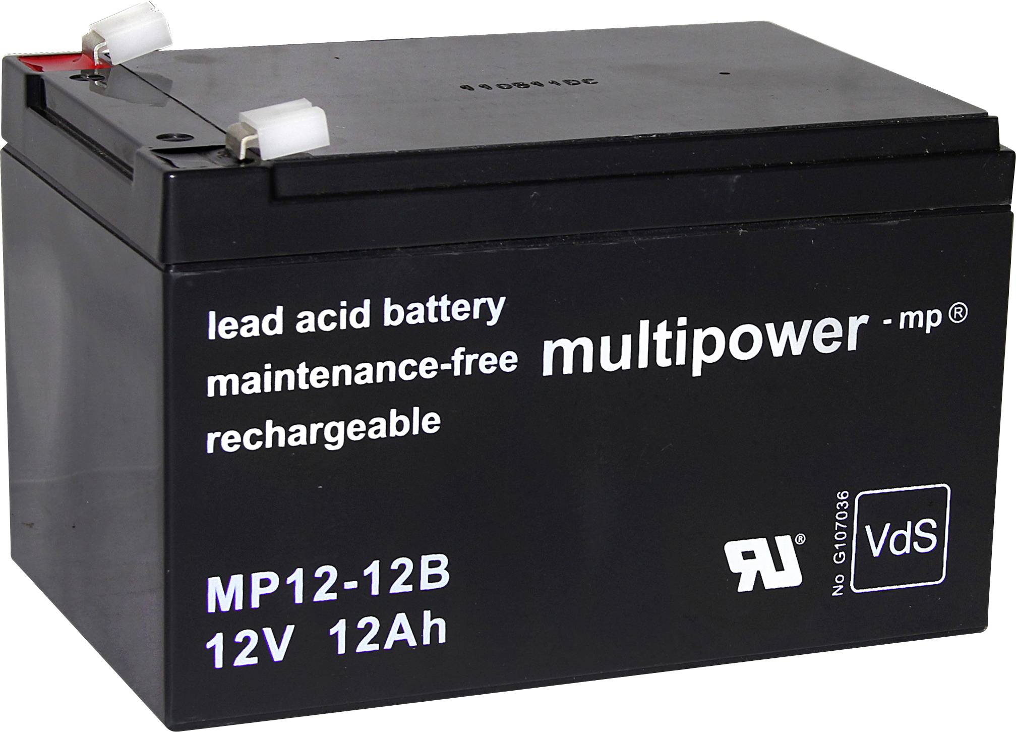 Crna olovnokiselinska baterija, 12V, 12Ah, bez potrebe održavanja, punjiva. Model MP12-12B, tiskani logotipovi marke i certifikacije.