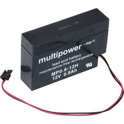 Pravokutna, crna olovno-kisinska baterija s natpisom 'multipower - mp', 12V, 0.8Ah, stoji na bijeloj površini.
