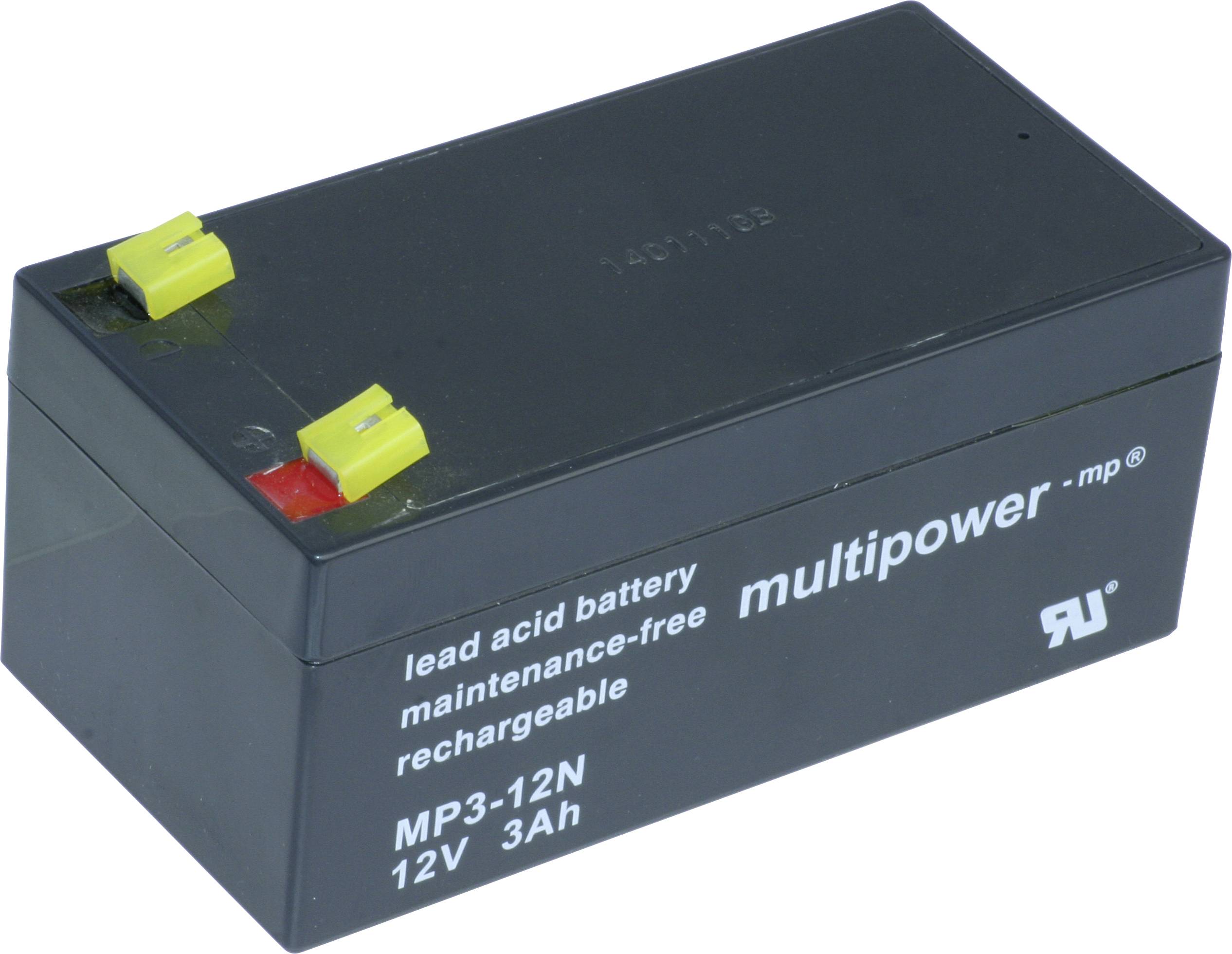 Pravokutna, bezbrižna 12V olovni akumulator marke 'multipower', s žutim i crvenim priključcima. Pogodan za punjive primjene.