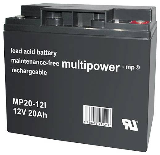 Olovni akumulator tvrtke Multipower s natpisom "olovni akumulator", "bez potrebnog održavanja", "punjiv", "12V 20Ah".