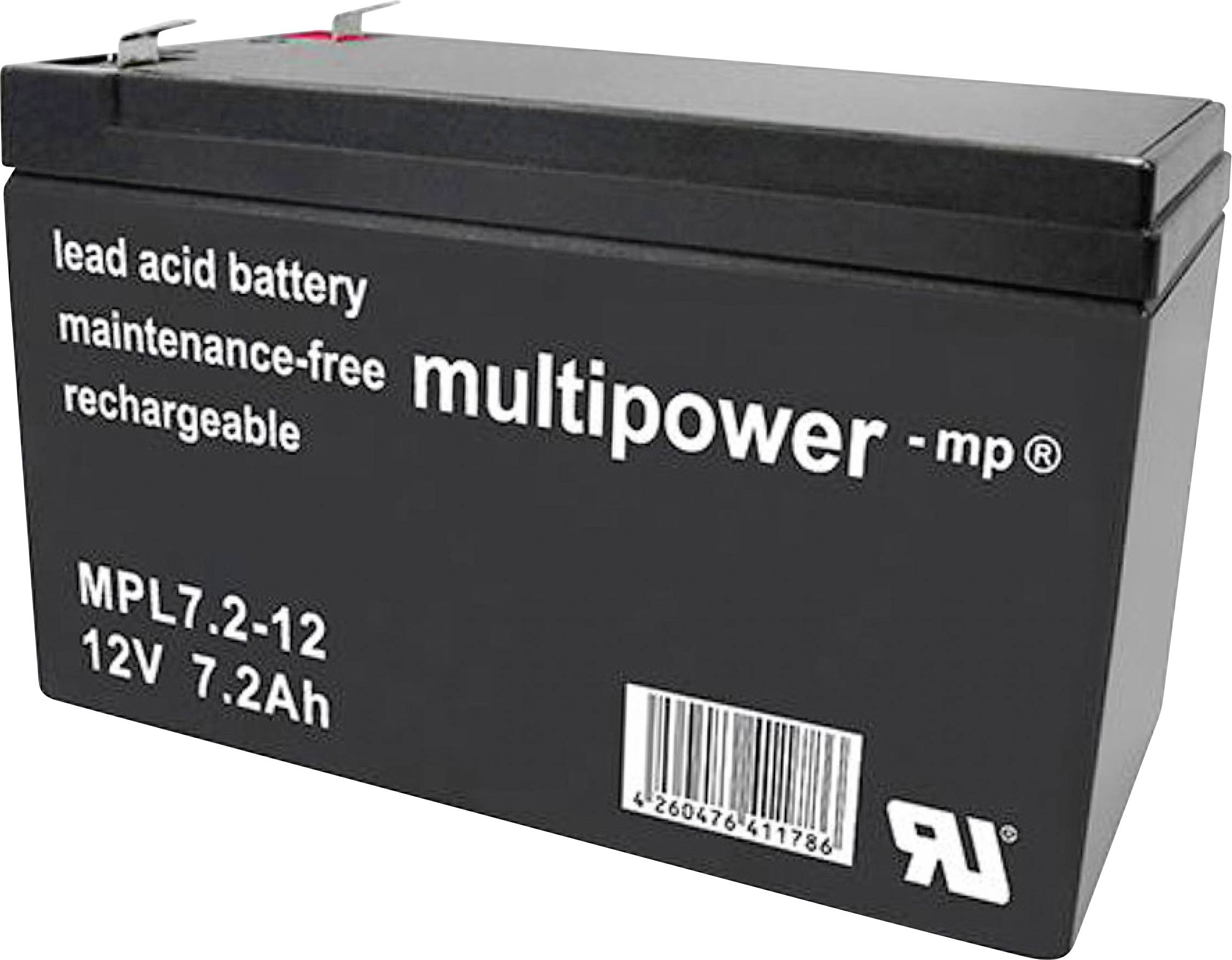 'Crna olovni akumulator tvrtke multipower, bez potrebe održavanja i punjiv, model MPL7.2-12, 12V, 7,2Ah.'