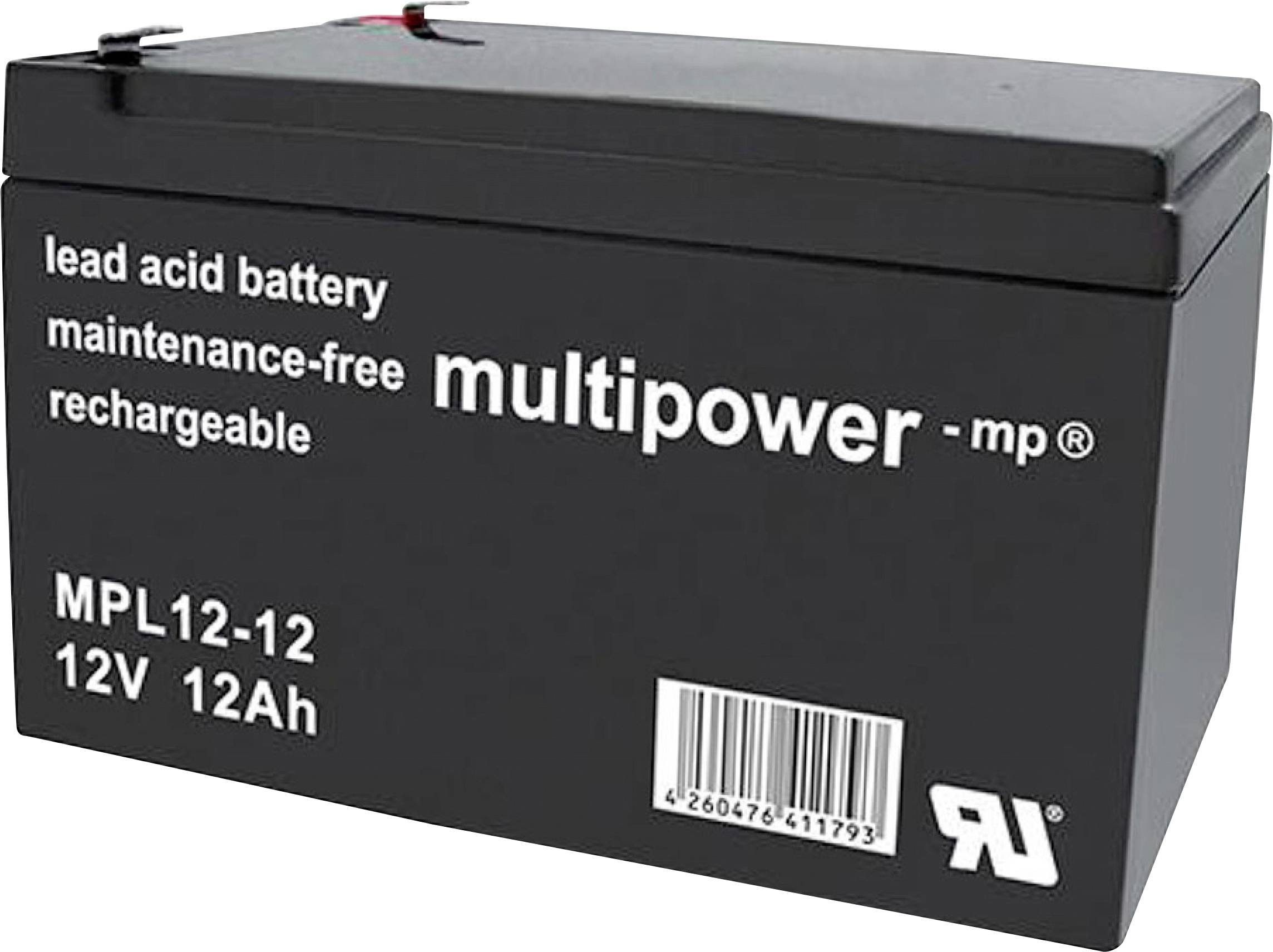 Crna punjiva olovko-kiselinska baterija 12V 12Ah, bez potrebe za održavanjem. Natpis: "multipower - mp".